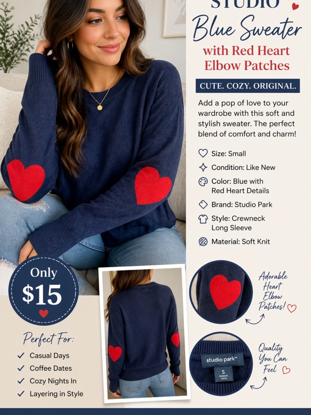 STUDIO Blue Sweater with Red Heart Elbow Patches ✨
Cozy + Cute + Eye-Catching